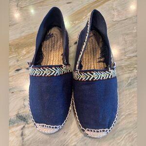 Navy Canvas Women’s Espadrille Slip-Ons with Multicolor Trim